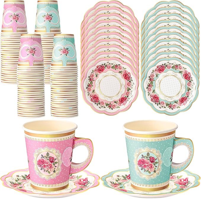 100-Piece Floral Tea Party Set – Disposable Cups with Handles & Plates