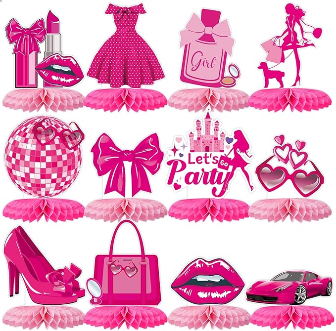 12 Pack Pink Honeycomb Centerpieces, 3D Girl Theme Table Decor for Birthday Party