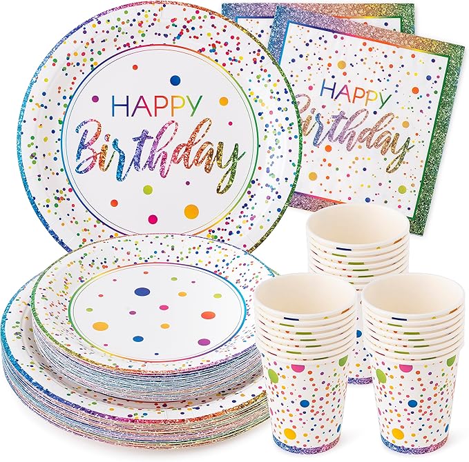 Rainbow Birthday Party Set – 24 Plates, Napkins & Cups | Sturdy 400 GSM Tableware