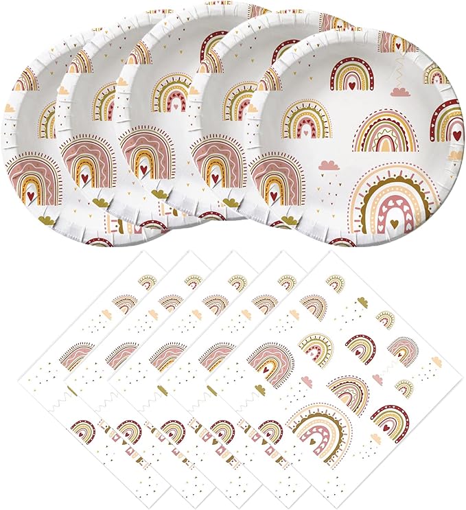 Boho Rainbow Party Plates & Napkins Set – Serves 20 Guests for Any Celebration
