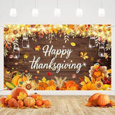 Happy Thanksgiving Backdrop Pumpkin Turkey Sunflower Wooden Fall Party Decor