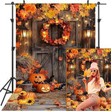 Fall Photography Backdrop Rustic Wooden Door Pumpkin Autumn Halloween Thanksgiving Farm Banner