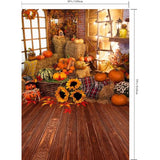 5x7ft Fall Thanksgiving Backdrop Pumpkin Wooden Floor Barn Maple Leaves Sunflower Photo Background