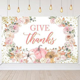 Give Thanks Banner Pink Pumpkin Floral Backdrop Fall Thanksgiving Party Photo Background