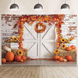7x5ft Fall Thanksgiving Backdrop Rustic Barn Door Pumpkin Maple Wreath Haystack Sunflower