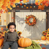 Autumn Pumpkin Harvest Backdrop with Rustic Barn Door for Thanksgiving Photos