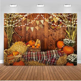 Rustic Barn Backdrop with Maple Leaves and Sunflowers for Fall Thanksgiving Photos