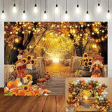 Autumn Forest Backdrop with Pumpkins, Sunflowers, and Maple Leaves for Thanksgiving Photos