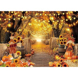 Autumn Forest Backdrop with Pumpkins, Sunflowers, and Maple Leaves for Thanksgiving Photos