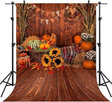 5x7ft Fall Thanksgiving Backdrop with Barn Wooden Floor Pumpkins and Leaves