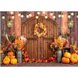 7x5ft Fall Thanksgiving Backdrop with Pumpkin Barn Hay and Maple Leaves