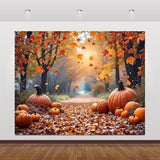 10x8ft Fall Thanksgiving Backdrop with Pumpkins Maple Leaves Forest Scene