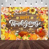7x5ft Happy Thanksgiving Backdrop with Pumpkins Turkey Rustic Wood Maple Leaves