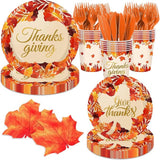 144PCS Thanksgiving Fall Tableware Set - Maple Leaf Plates, Napkins, Cups & Forks