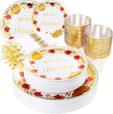 175pcs Thanksgiving Disposable Plates Set Gold Cutlery Cups Napkins Fall Party