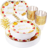 175pcs Thanksgiving Disposable Plates Set Gold Cutlery Cups Napkins Fall Party