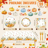 99pcs Fall Thanksgiving Plates Napkins Party Set Pumpkin Leaves Tableware Decor