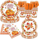 Thanksgiving Plates & Napkins Set: Buffalo Plaid Pumpkin Dinnerware - Serves 24