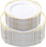 White & Gold Plastic Plates Set: 200 Pcs Dinner and Dessert Plates - Serves 100