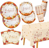 Thanksgiving Plates & Napkins Set: Maple Leaves Dinnerware and Tablecloth - Serves 25