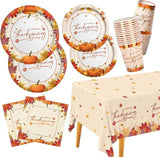 Thanksgiving Plates & Napkins Set: Maple Leaves Dinnerware and Tablecloth - Serves 25