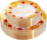 Thanksgiving Plastic Plates: Gold Leaf Pumpkin, Maple Leaf, (60 Pcs)
