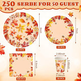 Fall Thanksgiving Tableware Set: 250 Pcs Maple Leaf Plates, Napkins & Cups - Serves 50