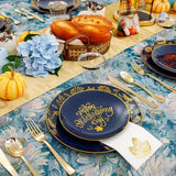 Thanksgiving Plastic Plates Set: 175 Pcs Blue Gold Dinnerware & Cutlery - Serves 25