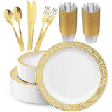 Gold Plastic Dinnerware Set 150 Pcs Elegant Disposable Plates Cups and Cutlery for Party
