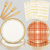 Thanksgiving Party Supplies Set 24 Pack Fall Gingham Disposable Plates Napkins and Cutlery