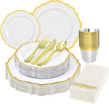 Gold Vintage Plastic Dinnerware Set: 25 Guests Disposable Plates, Cups & Cutlery