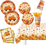 Thanksgiving Party Supplies Set 113 Pcs Plates Napkins Cups and Tablecloth for 16 Guests
