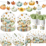 Watercolor Pumpkin Party Set: Disposable Autumn Tableware, 24 Guests