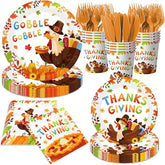 Thanksgiving Turkey Party Tableware Set: 24 Disposable Plates, Napkins, Cups, Cutlery