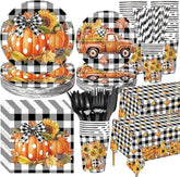 452PCS Fall Thanksgiving Party Set with Buffalo Plaid Plates, Napkins, Cups & Cutlery