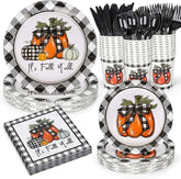 Buffalo Plaid Pumpkin Fall Party Set: Tableware for 24 Guests