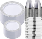 350PCS Silver Disposable Dinnerware Set for 50 Guests with Plates, Napkins, Cups & Silverware