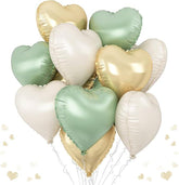 Sage Green & Gold Heart Foil Balloons, Party Decor - 12 Pcs