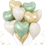 Sage Green & Gold Heart Foil Balloons, Party Decor - 12 Pcs
