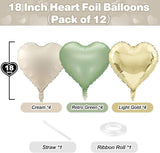 Sage Green & Gold Heart Foil Balloons, Party Decor - 12 Pcs