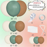 155pcs Sage Green Brown White Balloon Garland Kit for Jungle Safari Party Decor