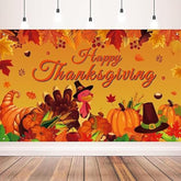 Happy Thanksgiving Photo Backdrop Fall Maple Leaves Turkey Pumpkin Party Banner