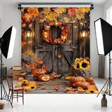 Fall Photography Backdrop Rustic Wooden Door Pumpkin Autumn Halloween Thanksgiving Farm Banner