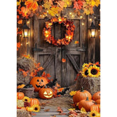 Fall Photography Backdrop Rustic Wooden Door Pumpkin Autumn Halloween Thanksgiving Farm Banner