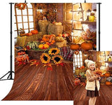 5x7ft Fall Thanksgiving Backdrop Pumpkin Wooden Floor Barn Maple Leaves Sunflower Photo Background