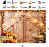 8x6ft Thanksgiving Photography Backdrop Autumn Harvest Barn Door Pumpkin Maple Leaves Banner
