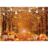 7x5ft Fall Thanksgiving Pumpkin Backdrop Autumn Forest Path Hay Corn Leaves String Lights Banner