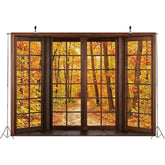 7x5ft Fall Wooden Window Backdrop Autumn Forest Maple Leaves Thanksgiving Photo Banner