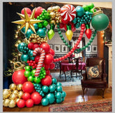 Christmas Balloon Arch Kit Red Gold Green Garland with Bulb and Candy Cane Balloons