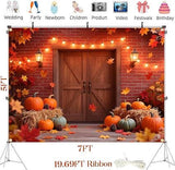 Large Autumn Barn Wood Backdrop with Pumpkins and Maple Leaves for Thanksgiving